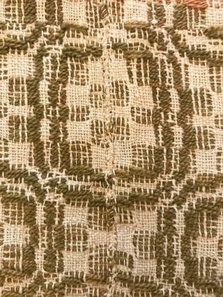 Antique Woven Wool Coverlet Olive Green & Natural Brown Bronze 84 x 95 