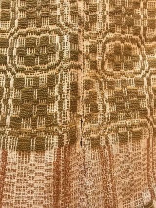 Antique Woven Wool Coverlet Olive Green & Natural Brown Bronze 84 x 95 