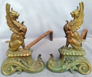 Big Antique Andirons Made Of Brass France Early 1900 