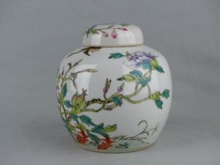Chinese Porcelain Famille Rose Jar And Cover Circa 1900 Birds Flowers Bats