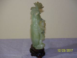 Chinese Qing Dy Jade Hand Sculpted Vase Statue w/Rose Decor Custom Stand 11