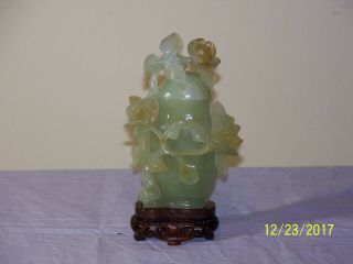 Chinese Qing Dy Jade Hand Sculpted Vase Statue w/Rose Decor Custom Stand 12