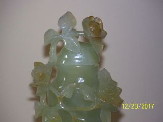 Chinese Qing Dy Jade Hand Sculpted Vase Statue w/Rose Decor Custom Stand 3