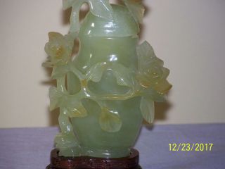 Chinese Qing Dy Jade Hand Sculpted Vase Statue w/Rose Decor Custom Stand 4