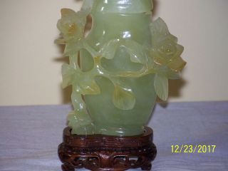 Chinese Qing Dy Jade Hand Sculpted Vase Statue w/Rose Decor Custom Stand 5