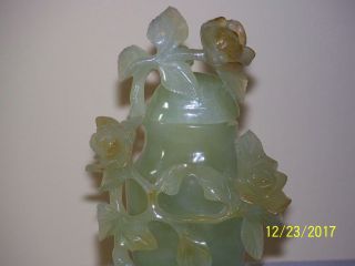 Chinese Qing Dy Jade Hand Sculpted Vase Statue w/Rose Decor Custom Stand 6