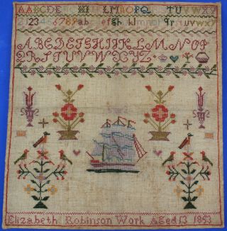 Good Antique Needlework Sampler By Elizabeth Robinson Aged 13 1853