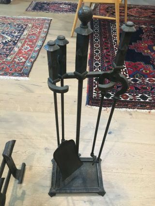 Arts And Crafts Hand Hammered Wrought Iron Fireplace Tool Set