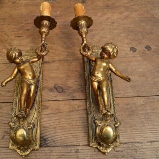 French Antique Bronze Sconce Cherub Light Fittings Re Wired 110 - 240v