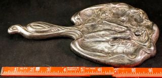 Great Art Nouveau Lady and Floral Silverplated Repousse Hand Mirror 1900 ' s 10