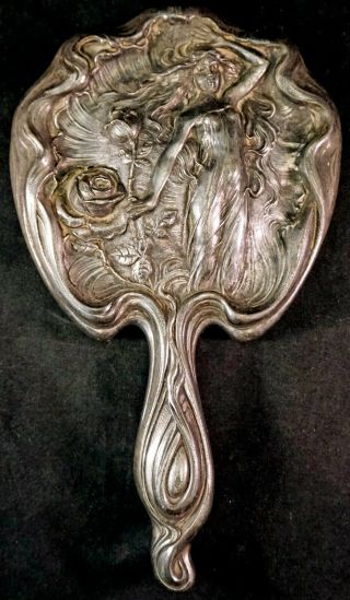 Great Art Nouveau Lady And Floral Silverplated Repousse Hand Mirror 1900 