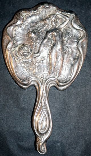 Great Art Nouveau Lady and Floral Silverplated Repousse Hand Mirror 1900 ' s 2