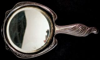Great Art Nouveau Lady and Floral Silverplated Repousse Hand Mirror 1900 ' s 3