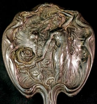 Great Art Nouveau Lady and Floral Silverplated Repousse Hand Mirror 1900 ' s 6