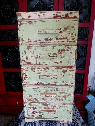 Grubby Primitive Distressed Painted Wood Chest Of Drawers Old Pink & Green Paint