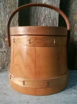 Vintage Small 7 " Primitive Wooden Firkin Sugar Bucket W/lid & Bentwood Handle