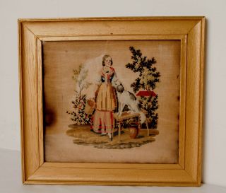 Framed 19th Century Needlepoint Tapestry Of Young Lady And Dog