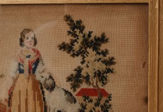 Framed 19th Century Needlepoint Tapestry of Young Lady and Dog 3