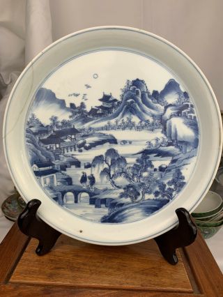 Antique Chinese Blue And White Tea Tray Plate 18thc Kangxi Period