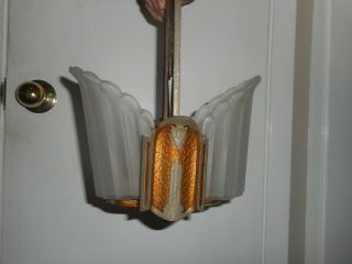 Antique Vintage Art Deco Hanging Ceiling 2 Slip Shade Light Chandelier Fixture