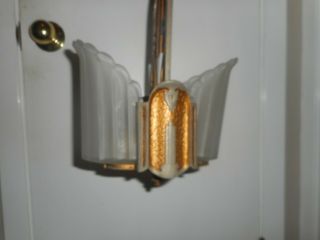 Antique Vintage ART DECO Hanging Ceiling 2 Slip Shade Light Chandelier Fixture 3