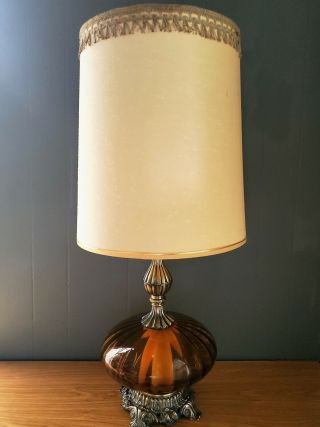 Vintage Mid Century Modern Table Lamp Amber Glass & Brass Hollywood Regency 3