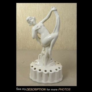 Antique Art Deco Nude Dancing Lady Flower Frog White Pottery 14 Flower Holes