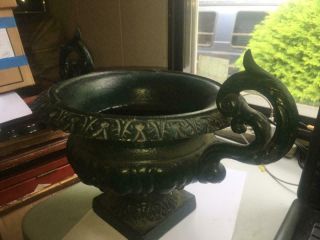 HTF ANTIQUE CAST IRON GARDEN URN VERY ORNATE 2 HANDLED 2 5