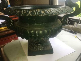 HTF ANTIQUE CAST IRON GARDEN URN VERY ORNATE 2 HANDLED 2 6