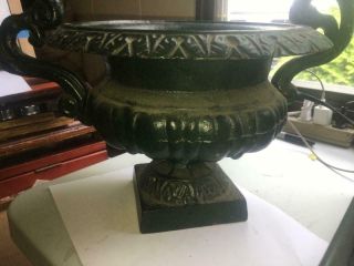 HTF ANTIQUE CAST IRON GARDEN URN VERY ORNATE 2 HANDLED 2 7