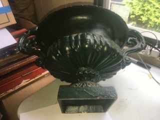 HTF ANTIQUE CAST IRON GARDEN URN VERY ORNATE 2 HANDLED 2 9