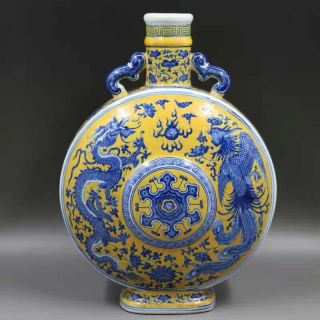 Large Vintage Chinese Yellow Ground Blue And White Moon Flask Porcelain Vase