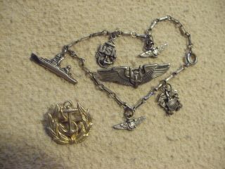 Vintage U.  S.  Military Sterling Pins And Charm Bracelet
