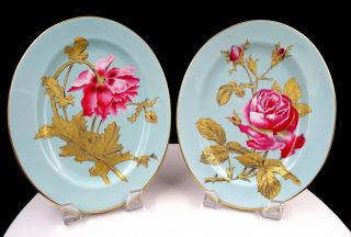 Old Paris Porcelain 2 Pc Heavy Gold Leaf Floral Teal 9 1/2 " Oval Platters 1850