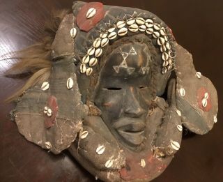 Tribally Dan African Ceremonial Mask Dark Patina Hardwood,  Fiber,  Shells 11