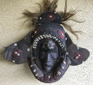 Tribally Dan African Ceremonial Mask Dark Patina Hardwood,  Fiber,  Shells