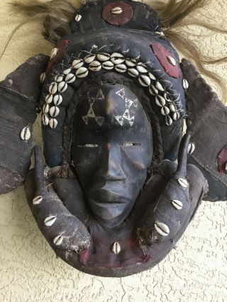 Tribally Dan African Ceremonial Mask Dark Patina Hardwood,  Fiber,  Shells 2