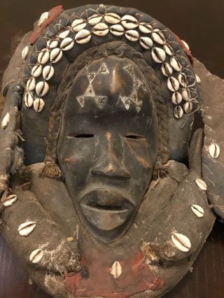 Tribally Dan African Ceremonial Mask Dark Patina Hardwood,  Fiber,  Shells 5