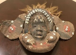 Tribally Dan African Ceremonial Mask Dark Patina Hardwood,  Fiber,  Shells 8