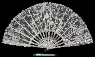 Antique Mother Of Pearl Mixed Brussels Belgium Appliqué Lace Fan Eventail C 1895