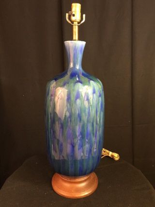 Mid Century Modern Huge Blue Green Drip Glaze Ceramic Danish Gorgeous Lamp Euc