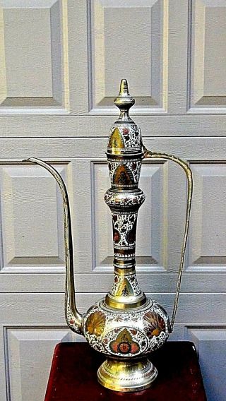 Antique Large Arab,  Persian Large Solid Brass Dallah Engraved,  Enameled Coffee Pot