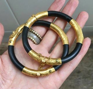 Pair Very Rare Chinese Qing Dynasty （22k - 24k）gold & Celluloid Bracelets Marked