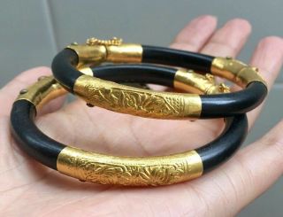 PAIR VERY RARE CHINESE QING DYNASTY （22K - 24K）gold & celluloid BRACELETS MARKED 2