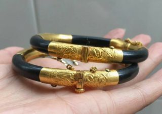PAIR VERY RARE CHINESE QING DYNASTY （22K - 24K）gold & celluloid BRACELETS MARKED 3
