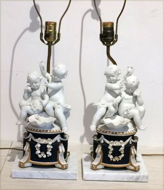 Pair Ceramic Porcelain Cherub Angel Table Lamps With Marble Bases