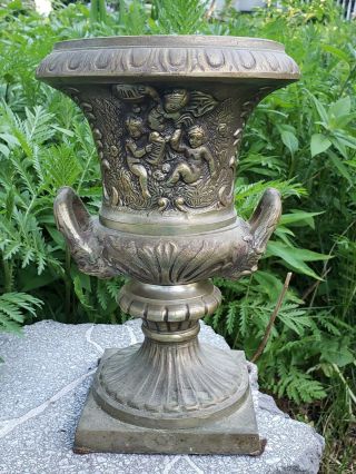 Solid Brass Vintage Victorian Style Garden Urn With Cherubs And Faces Figural