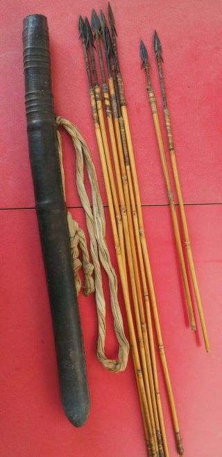 Unusual African African Tribal Art Wooden Leather Covered Quiver & Metal Arrows
