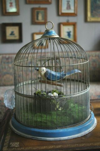 Vintage Antique Bird Cage W/ Wood Carved Bird Early Blue Paint Great Decor