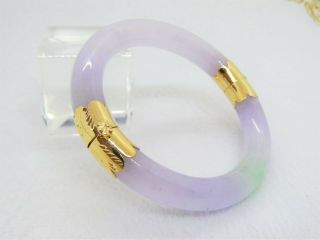 18k Gold Translucent Lavender,  Green Jadeite Jade Hinged Bangle Bracelet 63mm